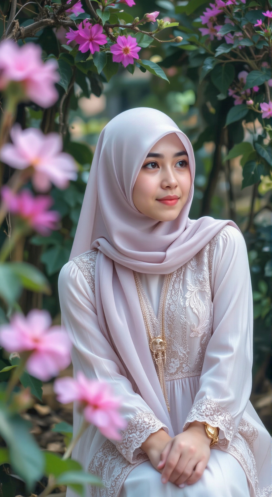 A young beauty sits elegantly,  adorned in a stunning hijab outfit,  the delicate folds and patterns softly blurred as she...