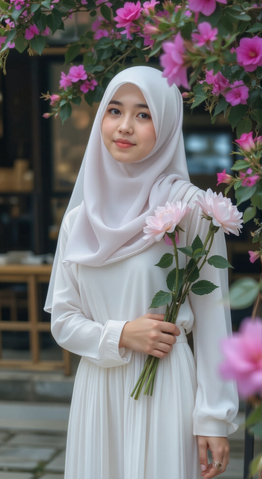 soft focus young beauty portrait,  white elegance hijab outfits,  elegance soft pose on Tensor.Art