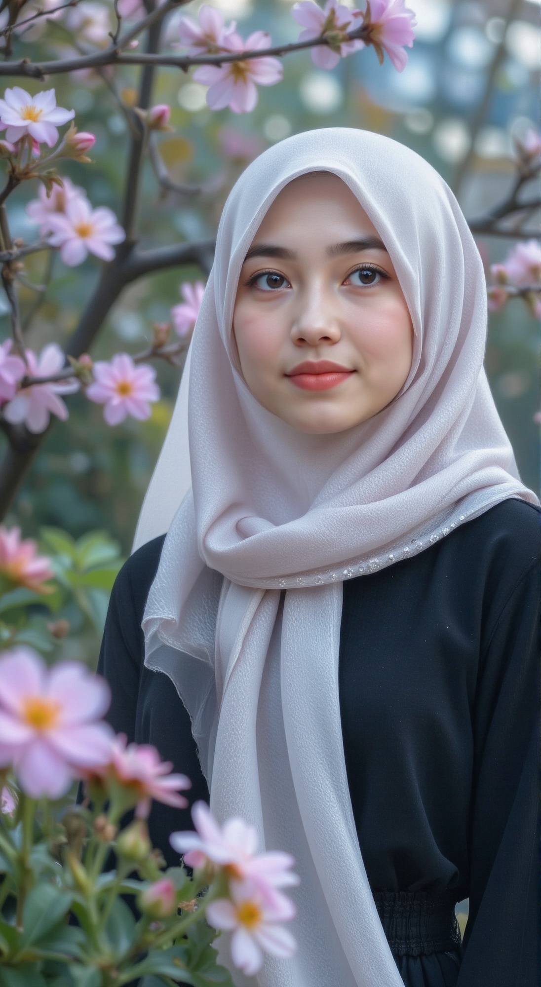A soft focus close-up of a young beauty's elegant face,  adorned in a stylish hijab and outfit,  accessorized with sparkli...