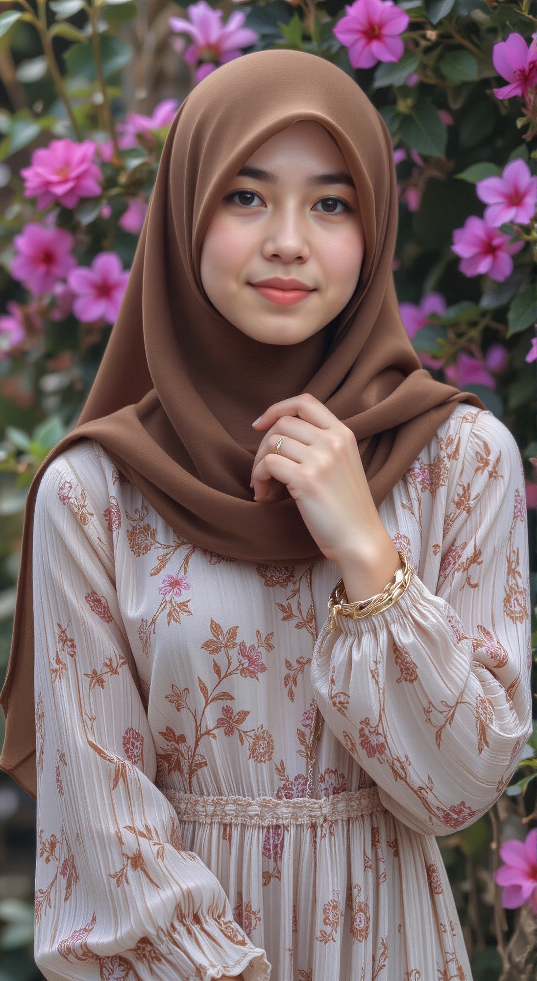 soft focus close-up young beauty portrait,  elegance hijab outfits,  outfits details on Tensor.Art