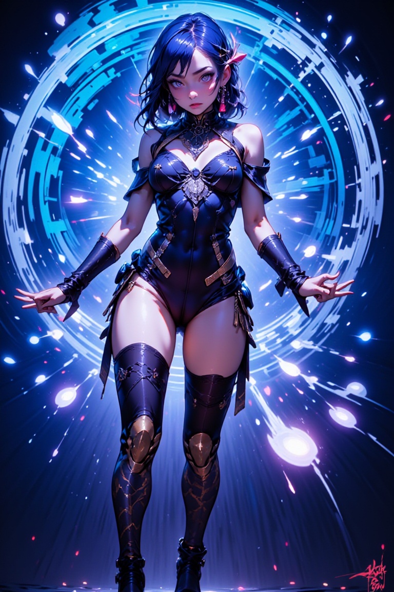 A girl spread her legs and show her *****. 
The backdrop is a mix of blue and white lights creating a vibrant contrast to the woman's costume.