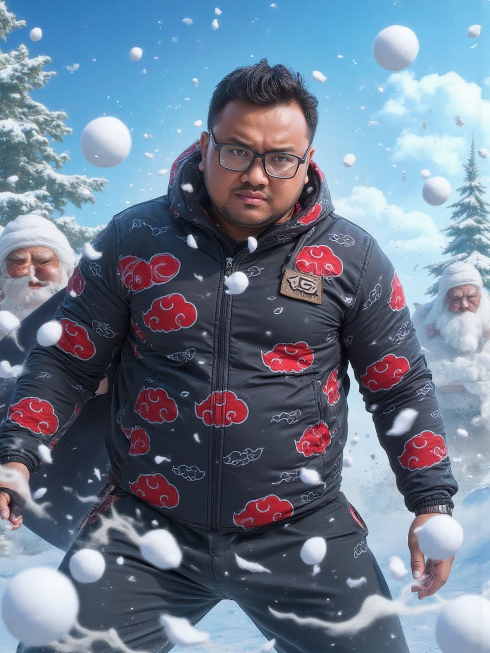 "Create a photorealistic digital illustration of a 40-year-old Malay plump man with a determined expression. He is wearing...