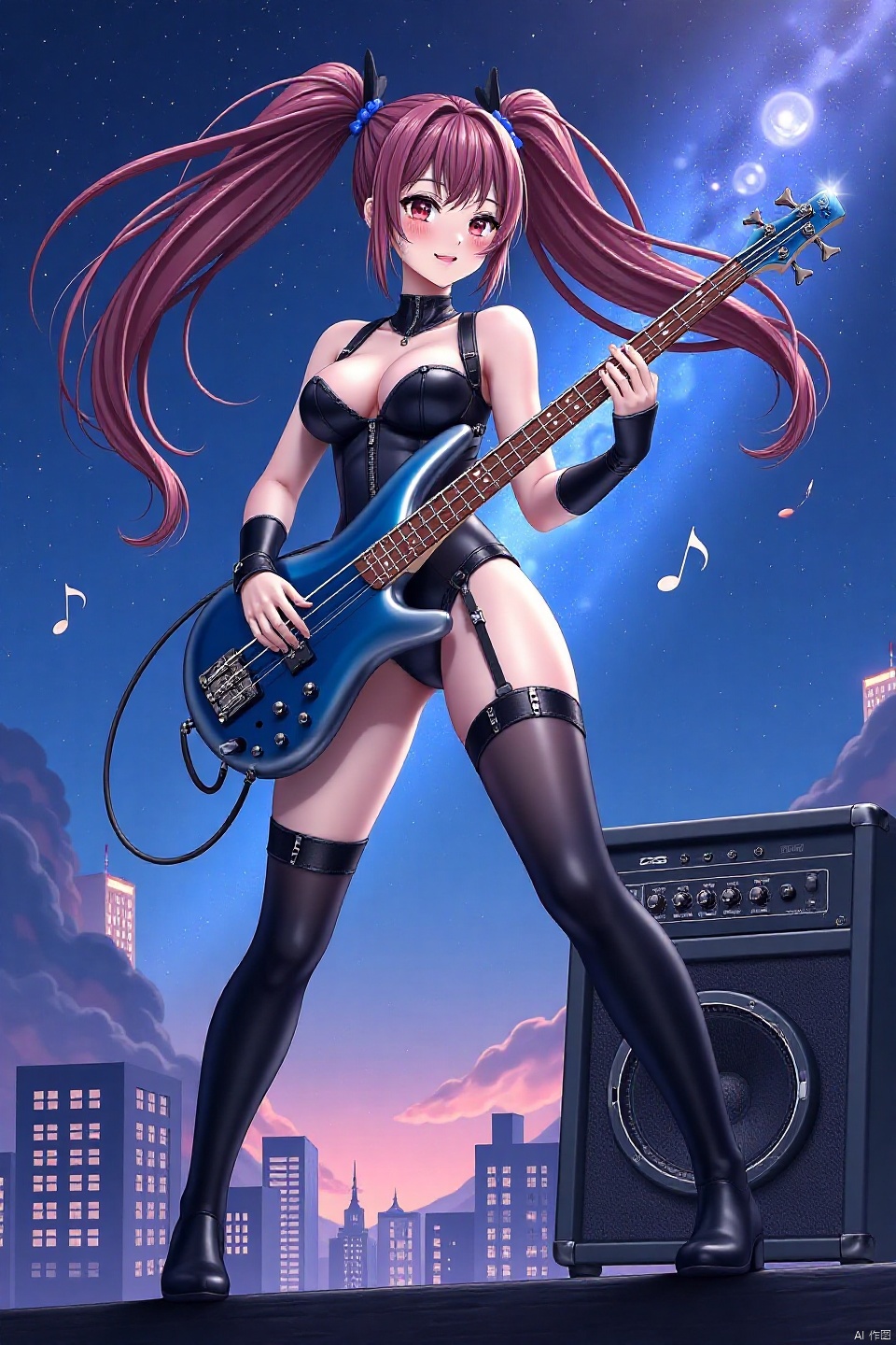 A dynamic anime-style illustration of a stunning cougar playing blue bass guitar on a skyscraper under a galaxy sky,  She'...