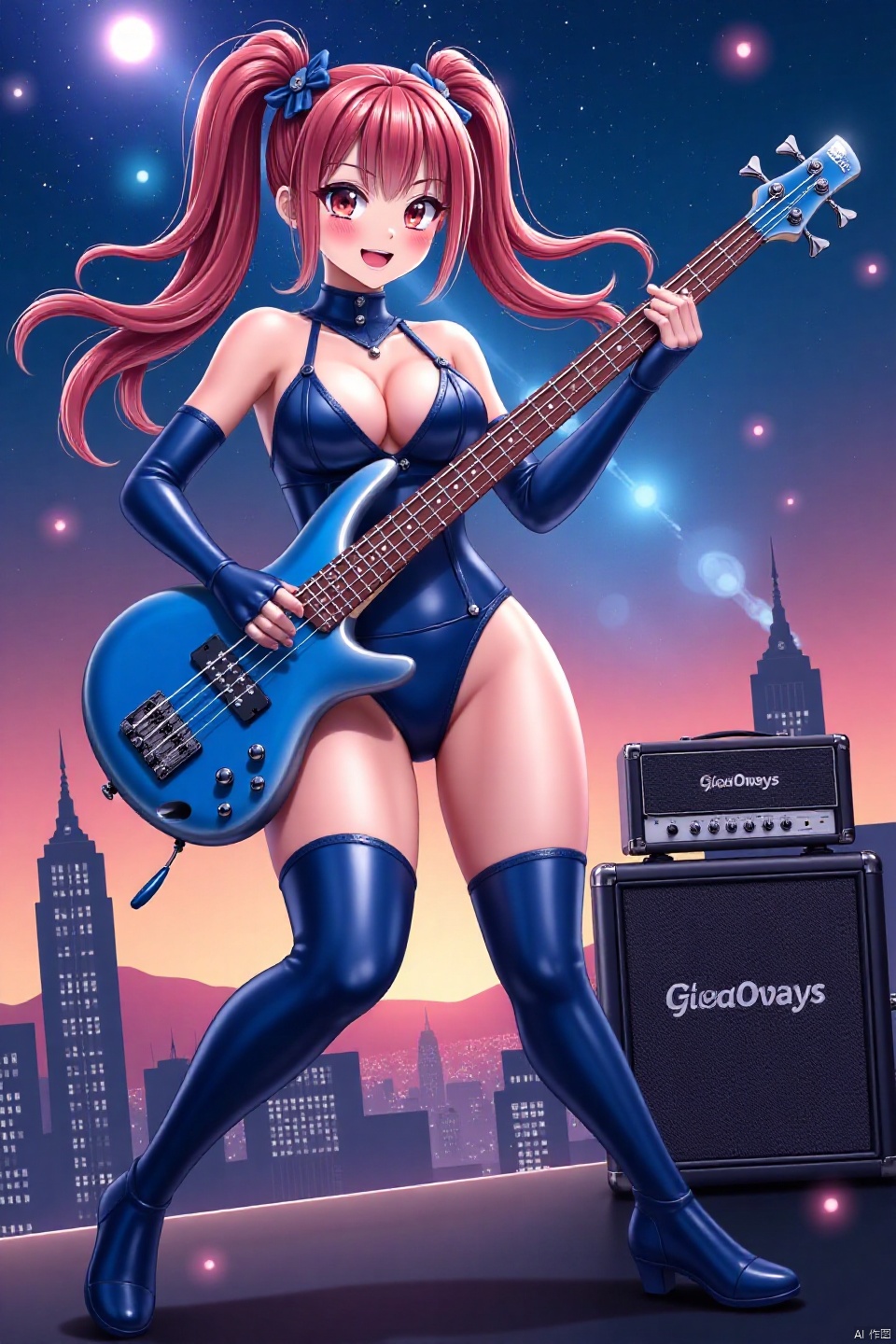 A dynamic anime-style illustration of a stunning cougar playing blue bass guitar on a skyscraper under a galaxy sky,  She'...