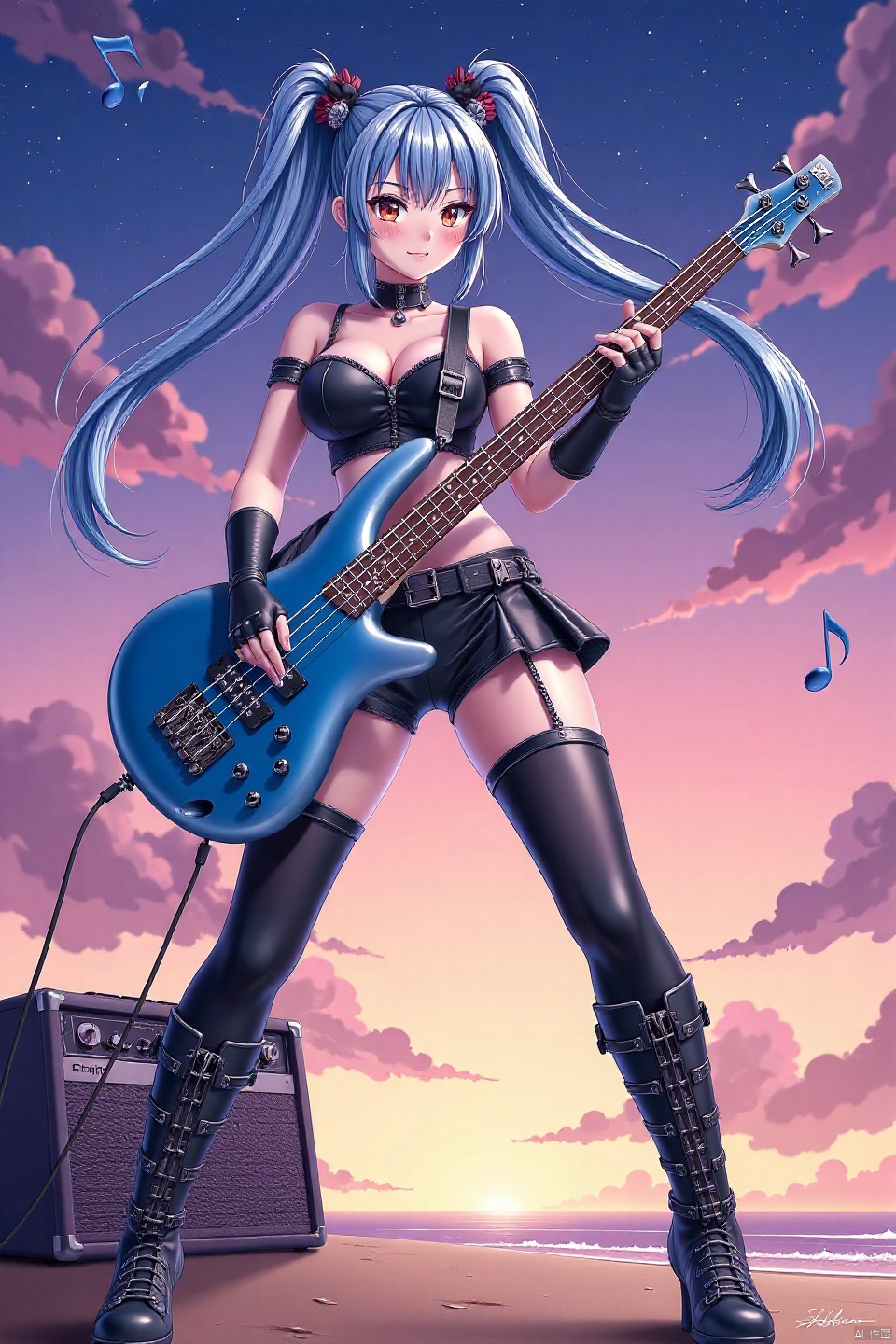 A dynamic anime-style illustration of a stunning woman playing blue bass guitar on a beach under a galaxy sky,  She's dres...