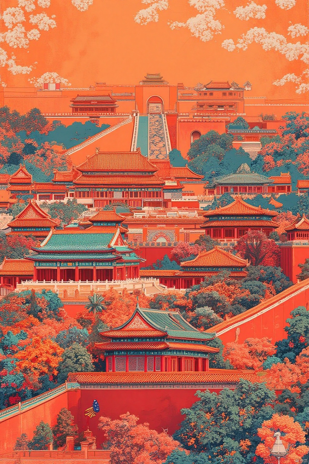 The poster design for China's National Day holiday,uses a psychedelic color scheme, ultra detailed, illustrations, the great wall in Beijing as the illustration, subshrubby peony flower,adding to the festive atmosphere ,no text,no human