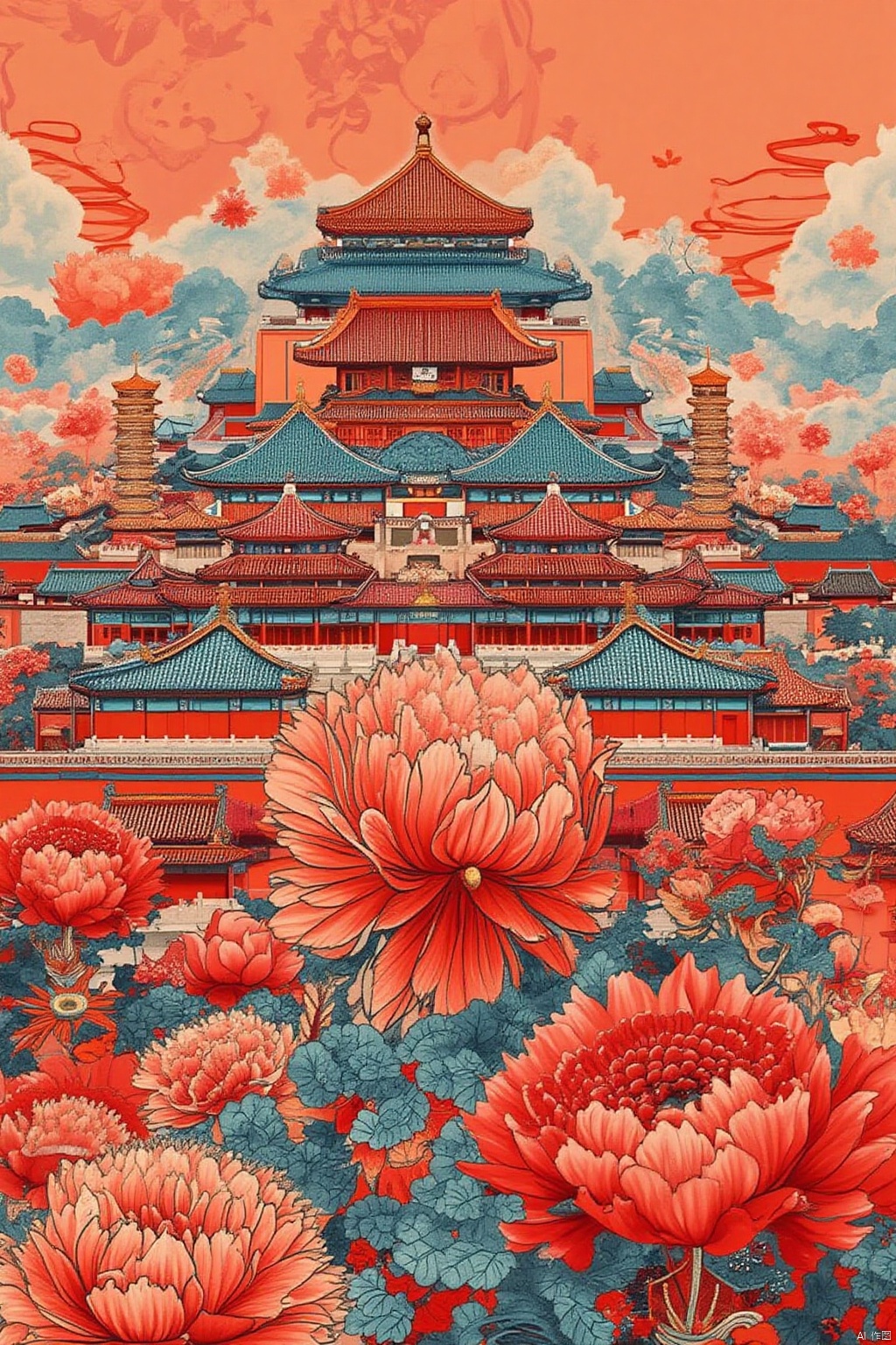 The poster design for China's National Day holiday,uses a psychedelic color scheme, ultra detailed, illustrations, the great wall in Beijing as the illustration, subshrubby peony flower,adding to the festive atmosphere ,no text,no human