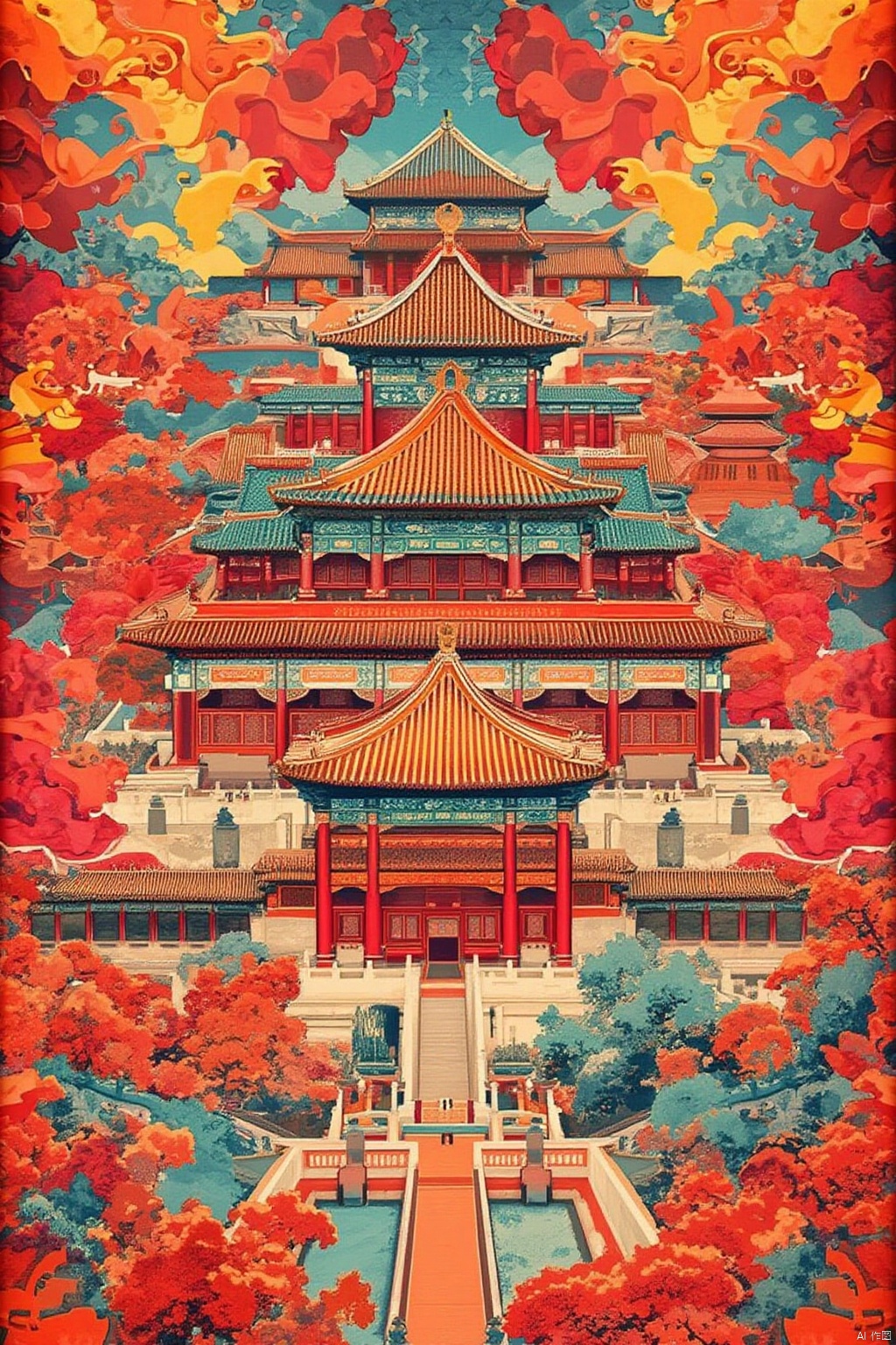 The poster design for China's National Day holiday,uses a psychedelic color scheme, ultra detailed, illustrations, the Forbidden City in Beijing as the illustration, flower,adding to the festive atmosphere ,no text,no human