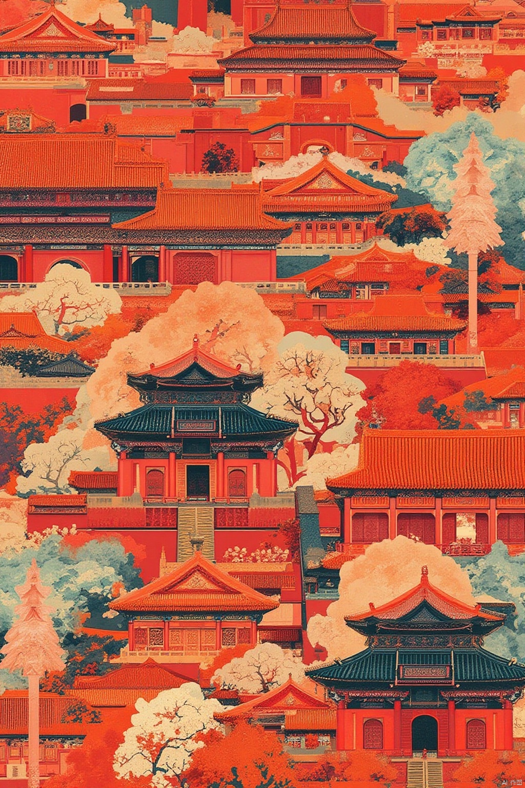 The poster design for China's National Day holiday,uses a psychedelic color scheme, ultra detailed, illustrations, the Forbidden City in Beijing as the illustration, flower,adding to the festive atmosphere ,no text,no human