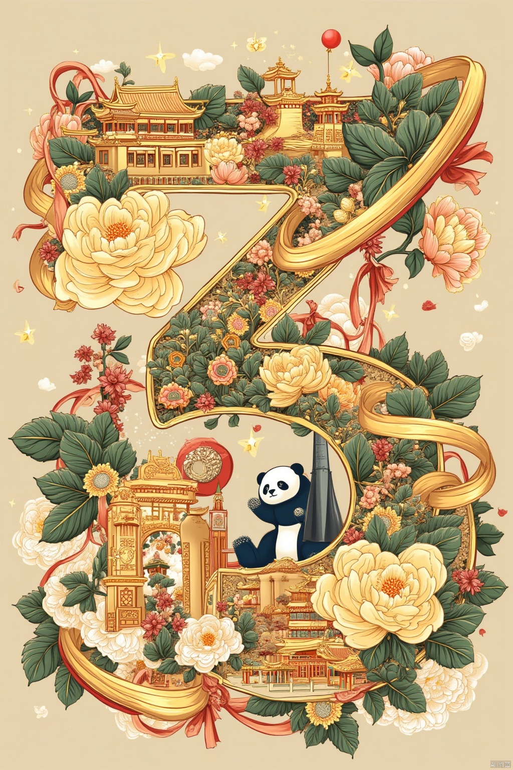 The numbers "7" and "5" are carefully drawn in 3D style with delicate golden lines. The number "7" is covered with distinctive buildings and flowers such as the Forbidden City, the Temple of Heaven,the Great Wall, and the beautiful peony flowers; while the number "5" is covered with iconic landmarks of modern China, majestic rockets,cute pandas,gorgeous fireworks, and a group of people releasing balloons. The edges of the numbers are surrounded by golden ribbon clouds,which are shining.