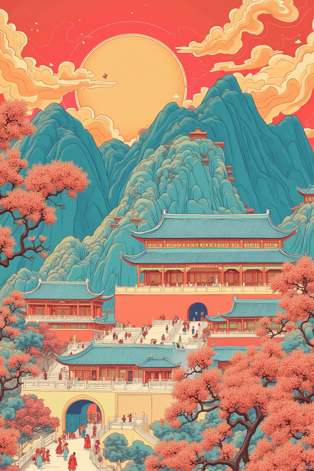 Chinese art, The Chinese people celebrate their National Day, beijing, the Forbidden City, uses a psychedelic color scheme, ultra detailed, illustrations, light red and sky blue, fictional landscapes, psychedelic cartoons, mountain scenery, uhd images, illustration