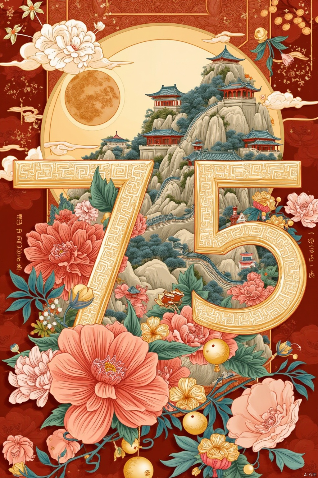 big moon,the number "7" and number"5" are drawn with delicate gold lines.  "7" is filled with the buildings and peony flowers of the Forbidden City,the Temple of Heaven,and the Great Wall,while the number "5" is filled with modern Chinese landmarks,lanterns,fireworks,and balloons.  The edges of the numbers are surrounded by golden ribbon clouds,and the numbers "1949-2024" are drawn with gold lines below