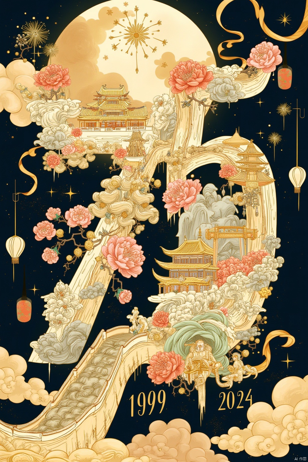 big moon,the number "7" and number"5" are drawn with delicate gold lines.  "7" is filled with the buildings and peony flowers of the Forbidden City,the Temple of Heaven,and the Great Wall,while the number "5" is filled with modern Chinese landmarks,lanterns,fireworks,and balloons.  The edges of the numbers are surrounded by golden ribbon clouds,and the numbers "1949-2024" are drawn with gold lines below