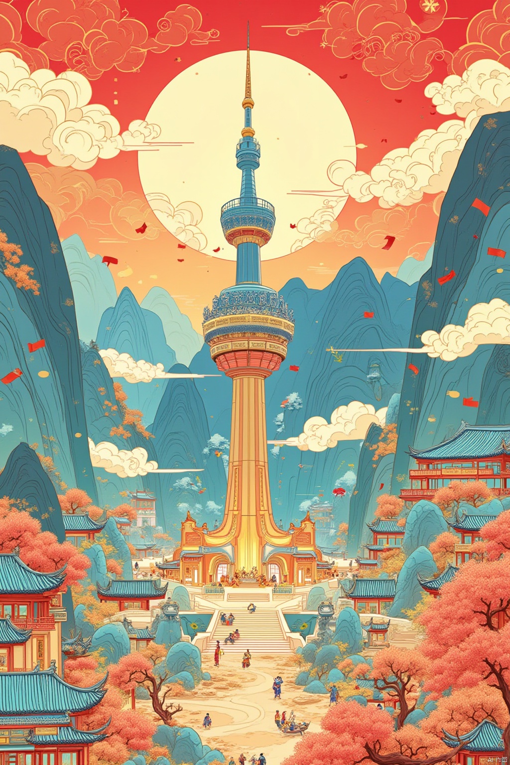 Chinese art, The Chinese people celebrate their National Day, Shanghai, The Oriental Pearl Tower, uses a psychedelic color scheme, ultra detailed, illustrations, light red and sky blue, fictional landscapes, psychedelic cartoons, mountain scenery, uhd images, illustration