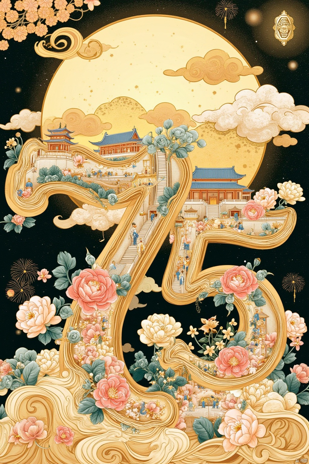 big moon,the number "7" and number"5" are drawn with delicate gold lines.  "7" is filled with the buildings and peony flowers of the Forbidden City,the Temple of Heaven,and the Great Wall,while the number "5" is filled with modern Chinese landmarks,lanterns,fireworks,and balloons.  The edges of the numbers are surrounded by golden ribbon clouds,and the numbers "1949-2024" are drawn with gold lines below