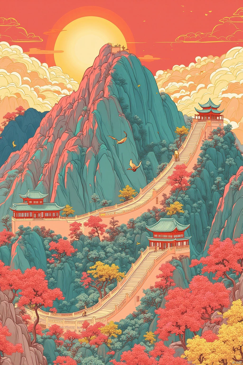 Chinese art, The Chinese people celebrate their National Day, beijing, the Great Wall, uses a psychedelic color scheme, ultra detailed, illustrations, light red and sky blue, fictional landscapes, psychedelic cartoons, mountain scenery ,uhd images, illustration