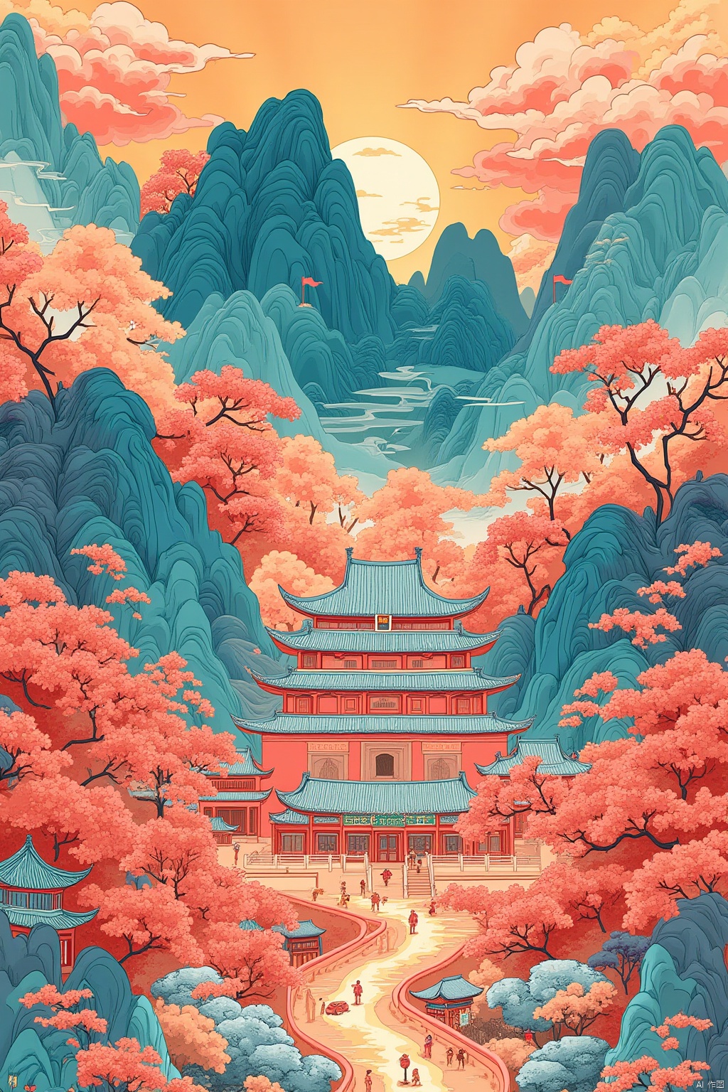 Chinese art, The Chinese people celebrate their National Day, beijing, the Forbidden City, uses a psychedelic color scheme, ultra detailed, illustrations, light red and sky blue, fictional landscapes, psychedelic cartoons, mountain scenery, uhd images, illustration