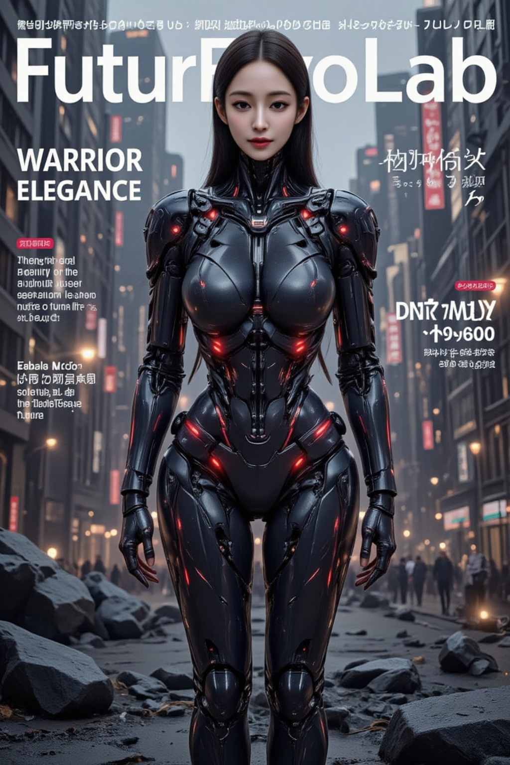 A dynamic magazine cover featuring a female android in sleek,  matte black armor,  designed for both combat and style. Her...