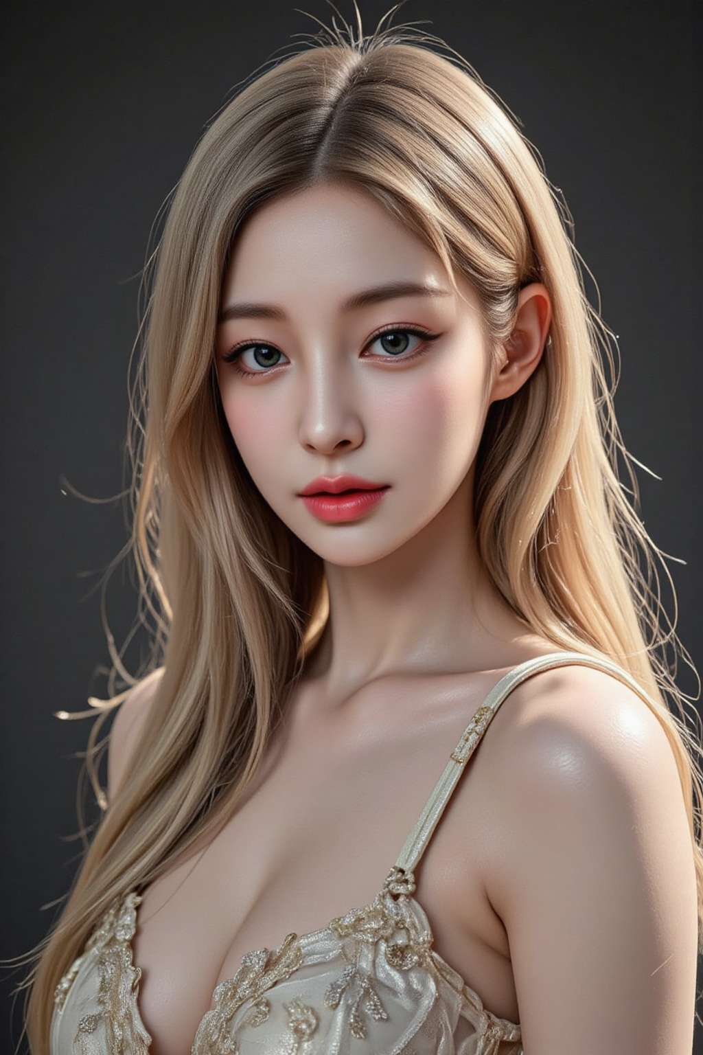 A cinematic close-up portrait of an elegant European woman with long,  flowing blonde hair,  soft blue eyes on Tensor.Art