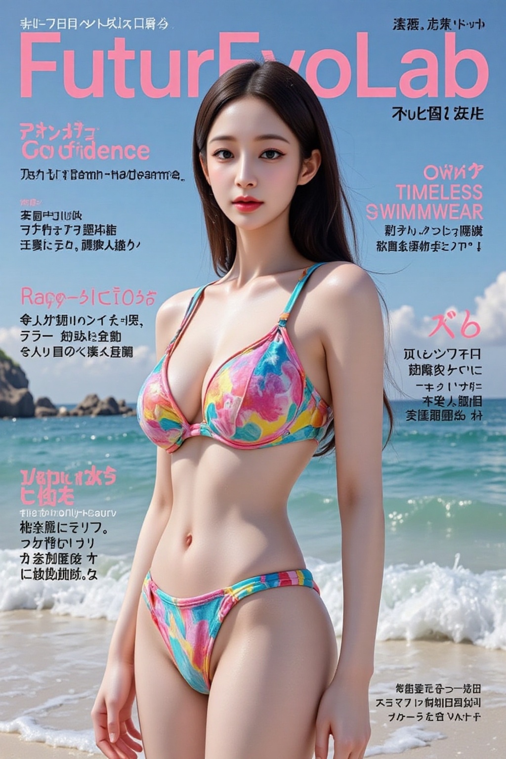 A vibrant magazine cover showcasing a Japanese female model in a trendy,  colorful bikini,  standing confidently on a beac...