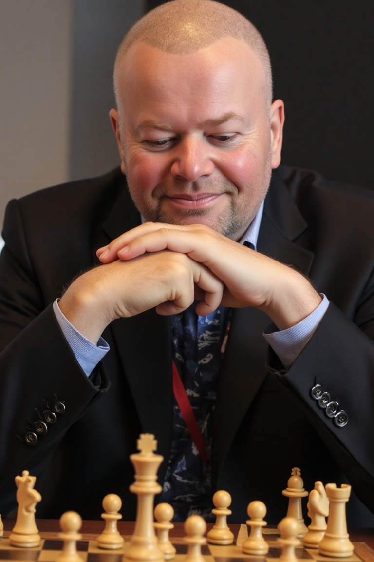 A high-resolution photograph of Raymond van Barneveld,  sitting behind a chess board,  chin resting on his hands on Tensor...