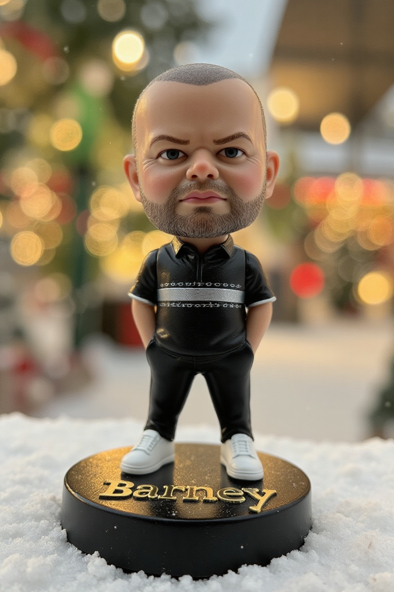 This is a high-resolution photograph of a detailed,  miniature action figure of Raymond van Barneveld,  standing on a roun...