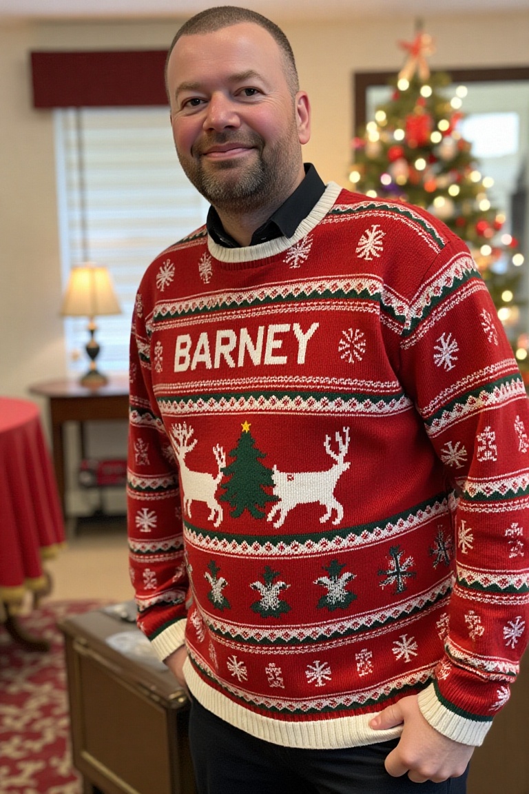 The image is a high-resolution photograph of a man wearing a Christmas themed sweater with the words "BARNEY" knitted in t...