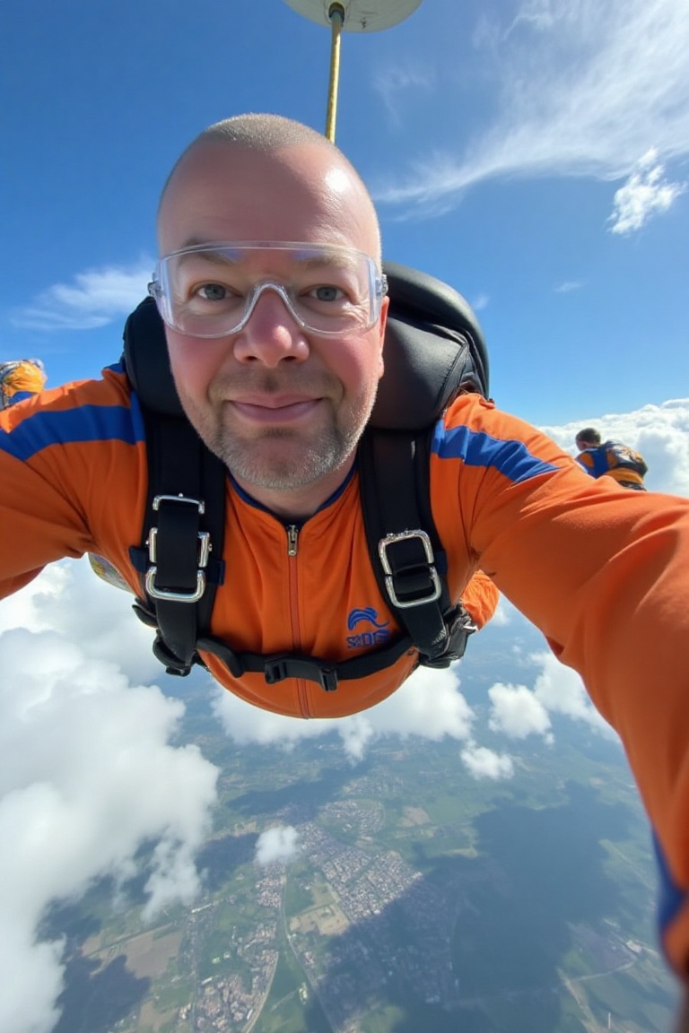 A high-resolution photograph of Raymond van Barneveld,  skydiving,  a POV shot in freefall on Tensor.Art