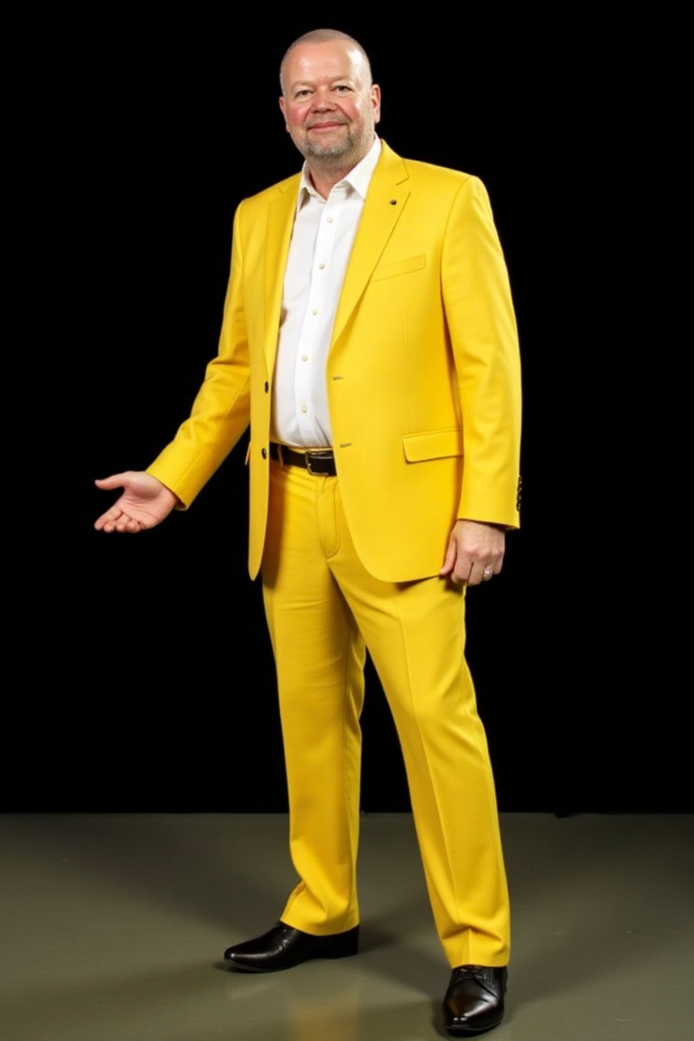 A high-resolution photograph of Raymond van Barneveld,  wearing a vibrant yellow suit with a white dress shirt,  standing...