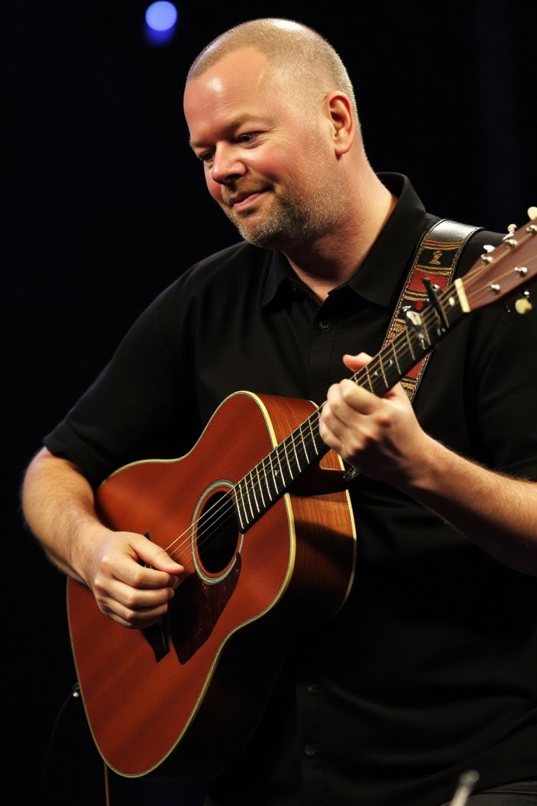 A high-resolution photograph of Raymond van Barneveld playing an acoustic guitar on Tensor.Art