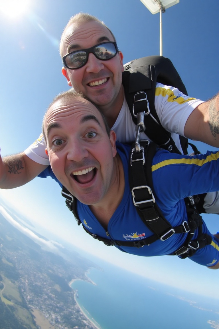 A high-resolution photograph of Phil Taylor solo skydiving,  a POV shot in freefall on Tensor.Art