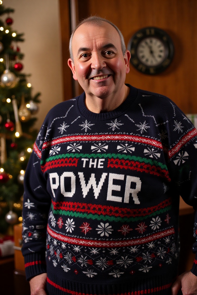 The image is a high-resolution photograph of a man wearing a Christmas themed sweater with the words "THE POWER" knitted i...