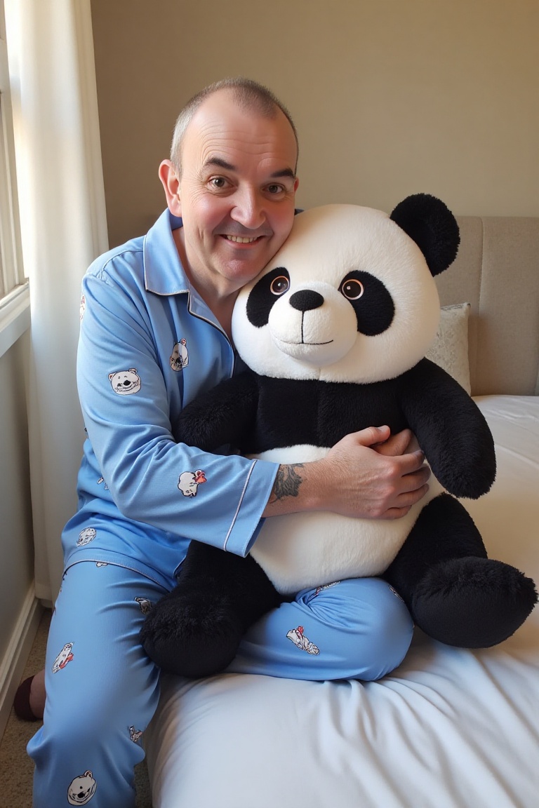 A high-resolution photograph of Phil Taylor sitting on the edge of a bed,  wearing blue pyjamas with little bears on them,...