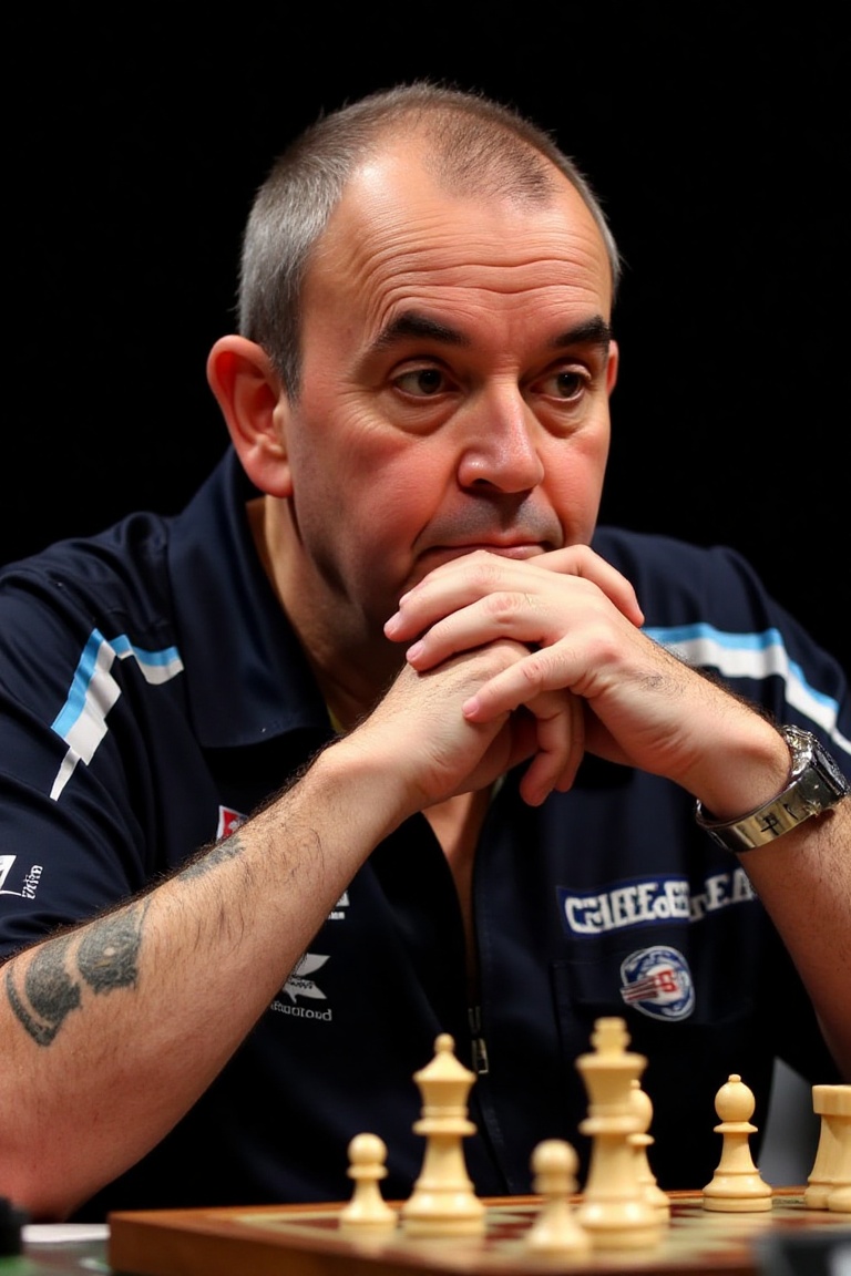 A high-resolution photograph of Phil Taylor sitting behind a chessboard,  chin resting on his hands,  looking down contemp...
