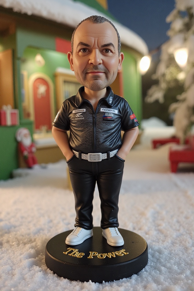 This is a high-resolution photograph of a detailed,  miniature action figure of Phil Taylor,  standing on a round on Tenso...