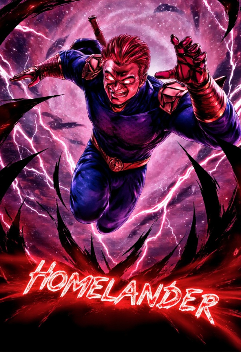 vibrant dynamic digital artwork featuring an action-packed image of Homelander wearing a superhero outfit with a cape from...