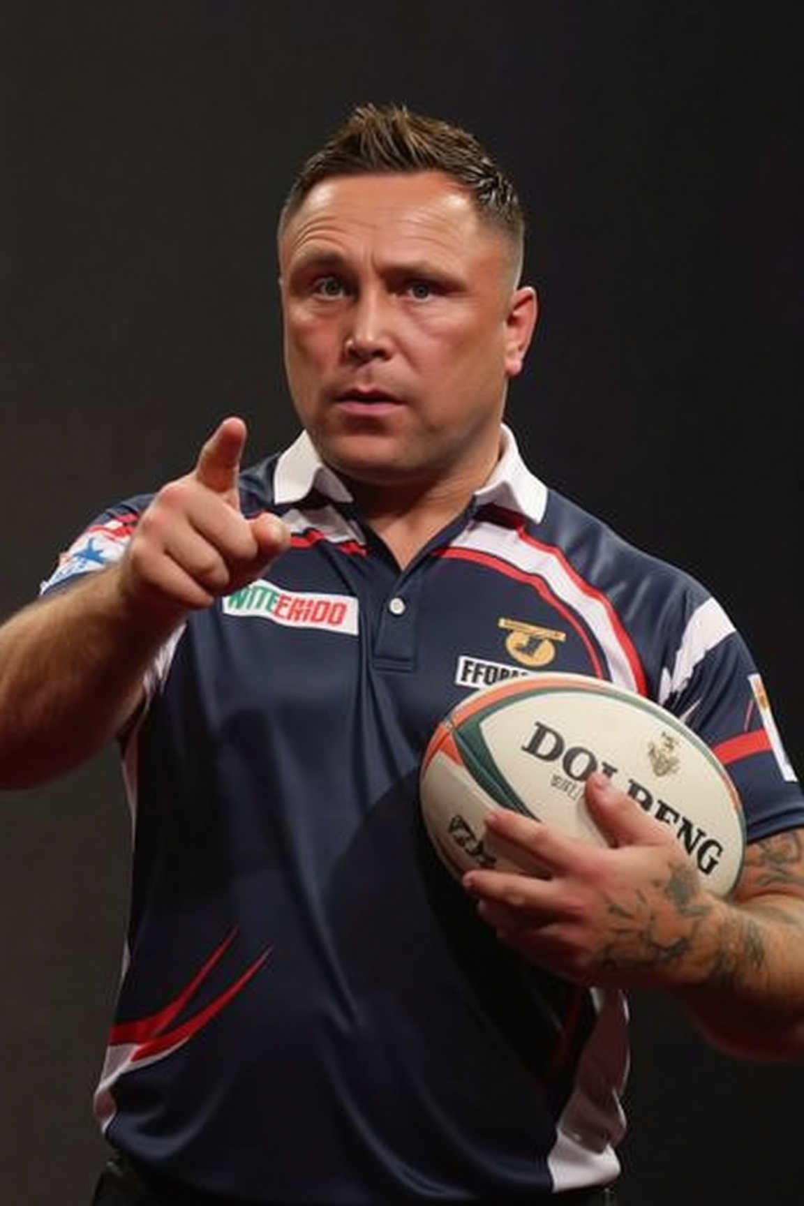 A high-resolution photograph of Gerwyn Price holding a rugby ball under his arm,  pointing at the camera with his index fi...
