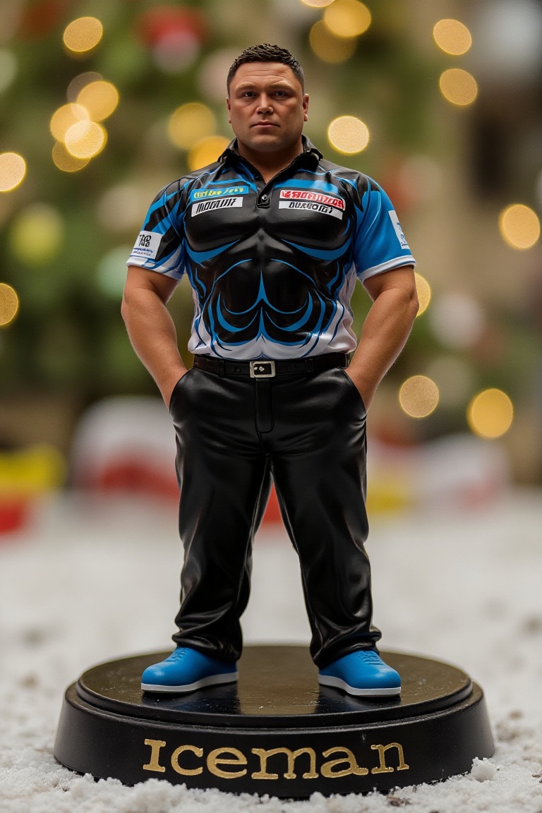This is a high-resolution photograph of a detailed,  miniature action figure of a man,  standing on a round on Tensor.Art