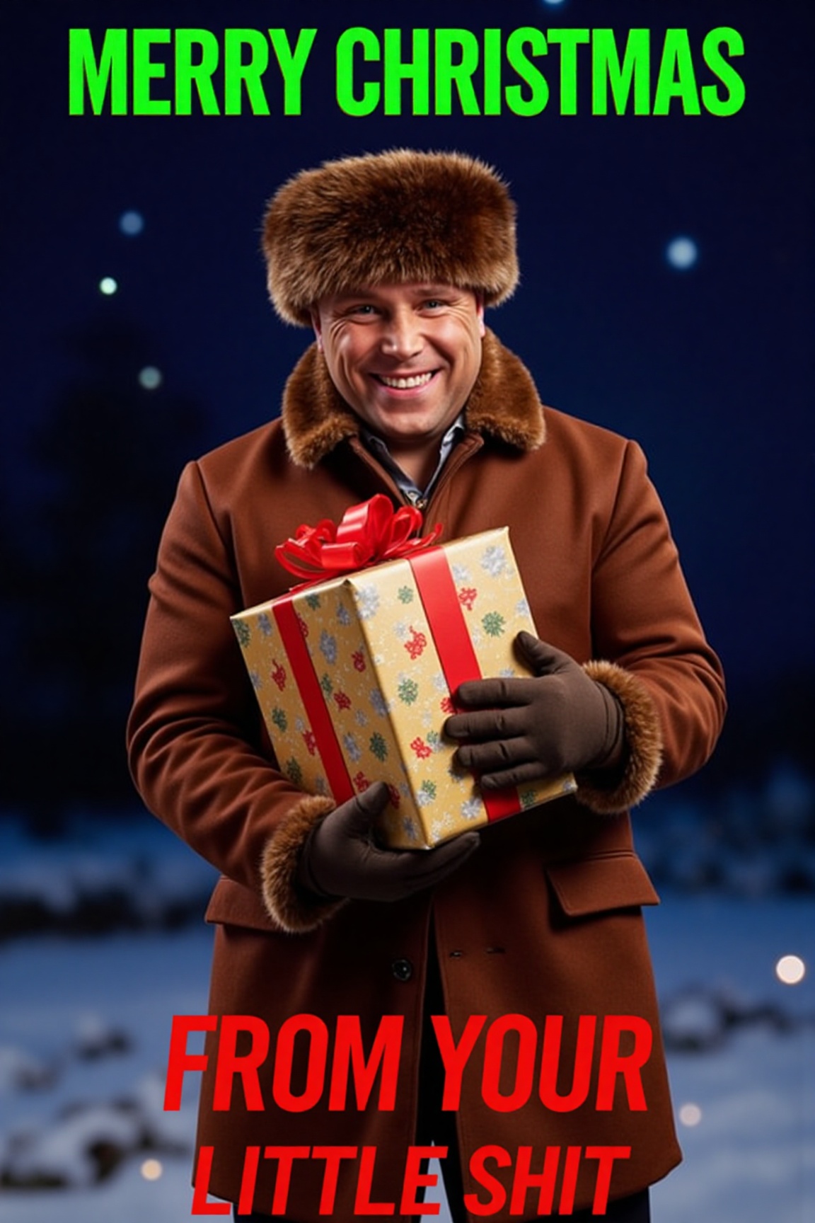 This is a digitally altered photograph featuring Gerwyn Price dressed in a festive,  vintage winter outfit. The man is sta...