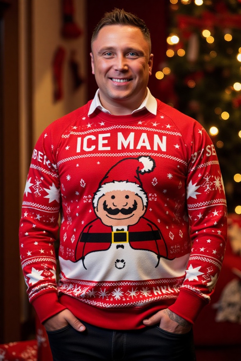 The image is a high-resolution photograph of Gerwyn Price,  wearing a Christmas themed sweater with the words "ICE MAN" kn...