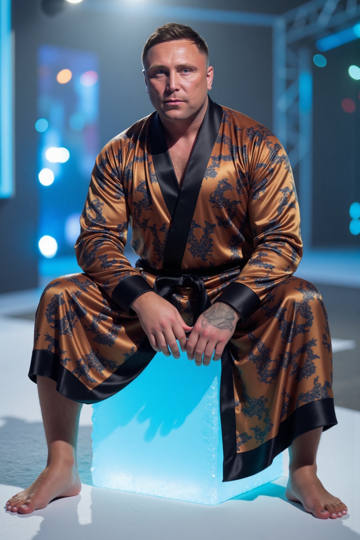 A high-resolution photograph of Gerwyn Price wearing a dragon design silk robe,  sitting on a giant ice cube. on Tensor.Art