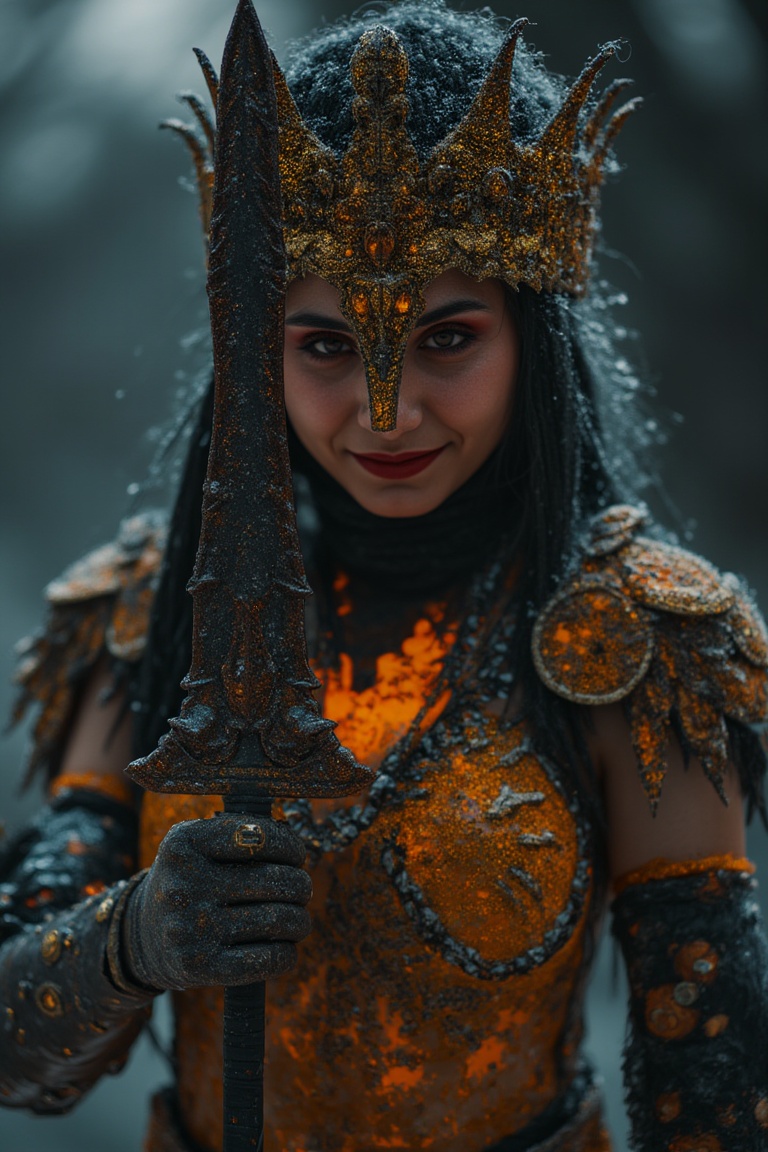 The goddess of war,  Extreme Upper Body Closeup Portrait,  Vibrant Amber and golden-black color graded. Her face and eyes...