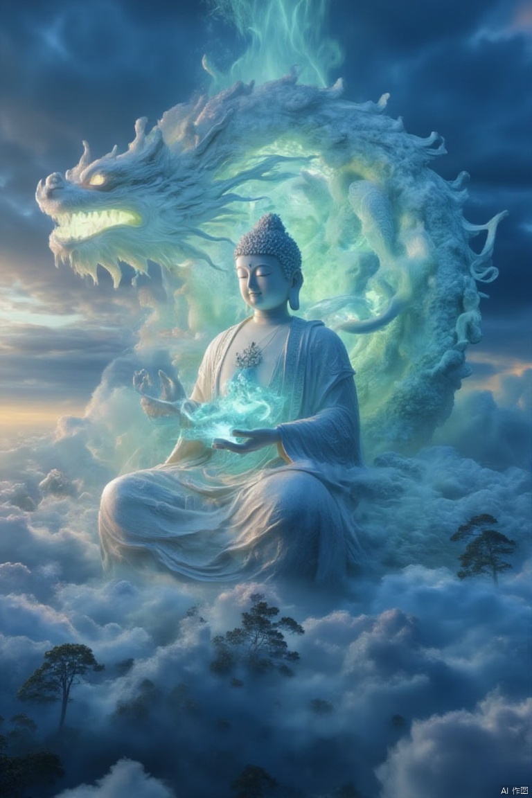 Captured from a high-angle perspective on a cloudy day, the Buddha is adorned with a white robe and a crown on his head. His eyes are a piercing blue, and his hands are clasped in front of him. His head is turned slightly to the right, and he is facing the viewer. His hands are raised in a gesture of balance, while his head is tilted to the left. His mouth is open, revealing a glowing blue-green dragon. The dragon's head is encircled by its long flowing tentacles, adding a touch of movement to the scene. The sky is a deep blue, with a few wispy clouds, and a few trees dotting the landscape.