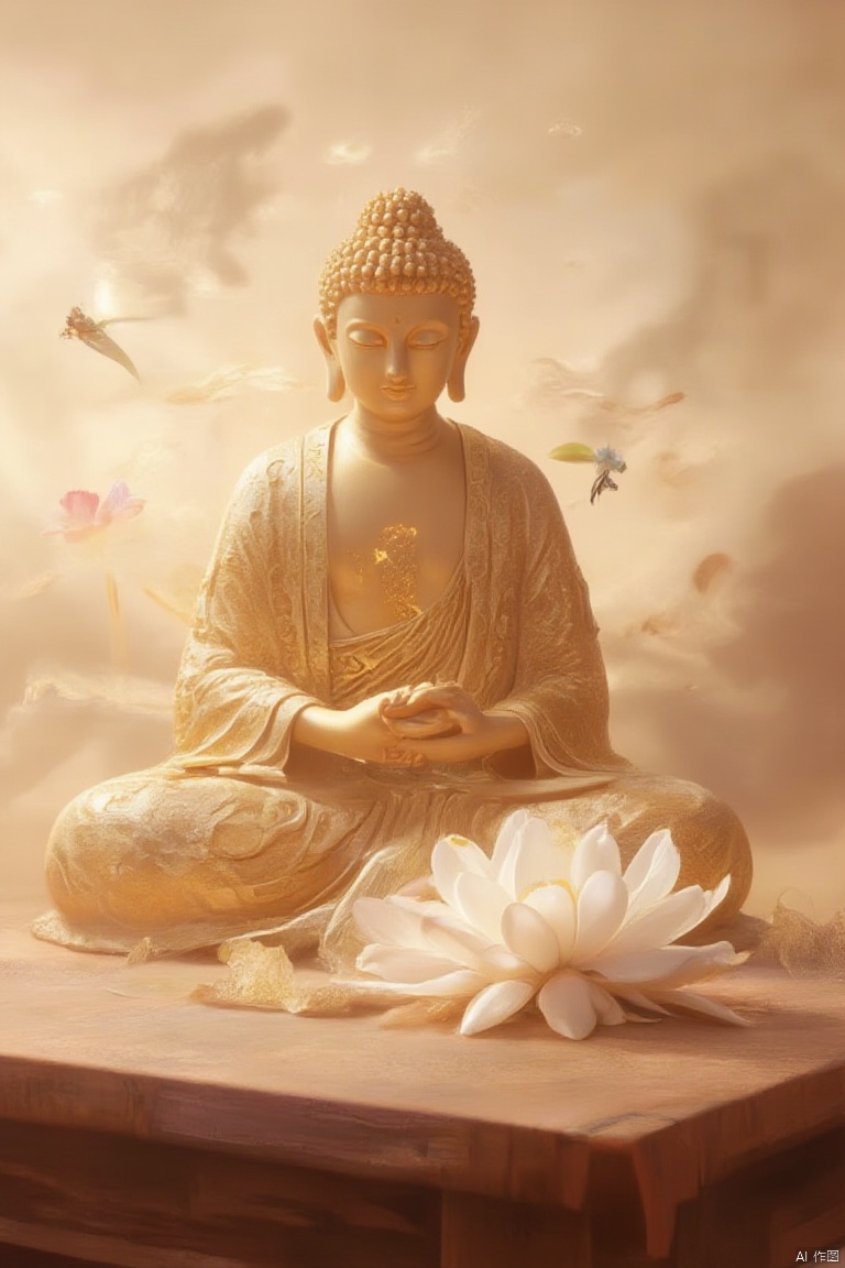 a golden Buddha statue sits atop a wooden table. The statue, adorned with a golden robe, is adorned with gold dots and a gold necklace. Its eyes are closed, adding a touch of concentration to the scene. Its hands are clasped in front of its body, while its feet are resting on a large white flower, which is floating on the table. A white flower is to the left of the statue, adding contrast to the statue. The background is a creamy beige, with a few wispy clouds in the air.