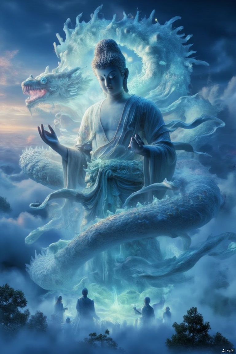Captured from a high-angle perspective on a cloudy day, the Buddha is adorned with a white robe and a crown on his head. His eyes are a piercing blue, and his hands are clasped in front of him. His head is turned slightly to the right, and he is facing the viewer. His hands are raised in a gesture of balance, while his head is tilted to the left. His mouth is open, revealing a glowing blue-green dragon. The dragon's head is encircled by its long flowing tentacles, adding a touch of movement to the scene. The sky is a deep blue, with a few wispy clouds, and a few trees dotting the landscape.