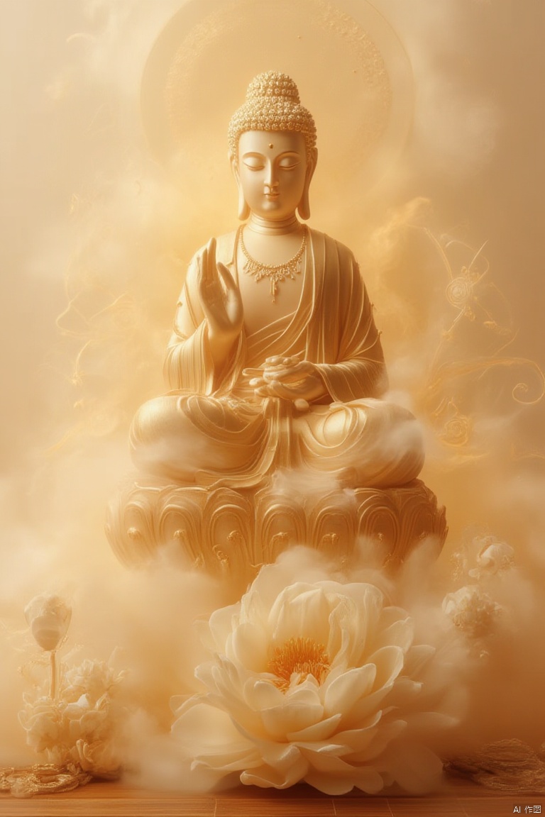 a golden Buddha statue sits atop a wooden table. The statue, adorned with a golden robe, is adorned with gold dots and a gold necklace. Its eyes are closed, adding a touch of concentration to the scene. Its hands are clasped in front of its body, while its feet are resting on a large white flower, which is floating on the table. A white flower is to the left of the statue, adding contrast to the statue. The background is a creamy beige, with a few wispy clouds in the air.
