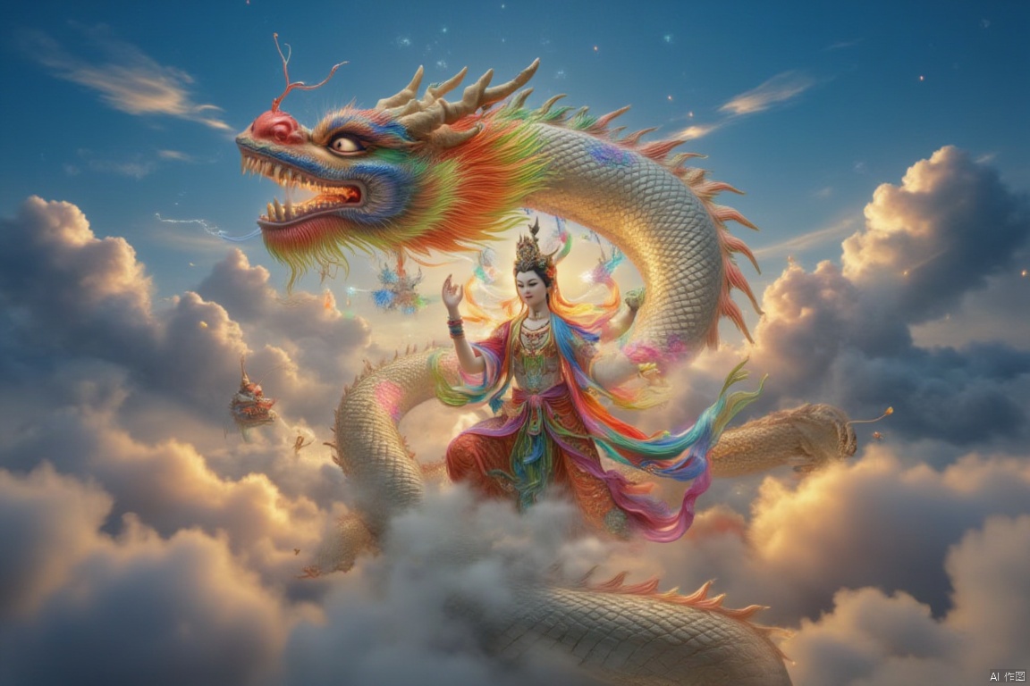 a medium-angle shot captures a vibrant array of colors, including red, blue, yellow, green, and purple. The woman, adorned with a crown, stands in the center of the frame, her arms stretched out in front of her. Her head is encircled by a large dragon, which is soaring through the sky. The dragon, its wings spread wide, adding a touch of movement to the scene. The sky is a deep blue, with a few wispy clouds in the distance. The sun is setting, creating a soft glow in the background.