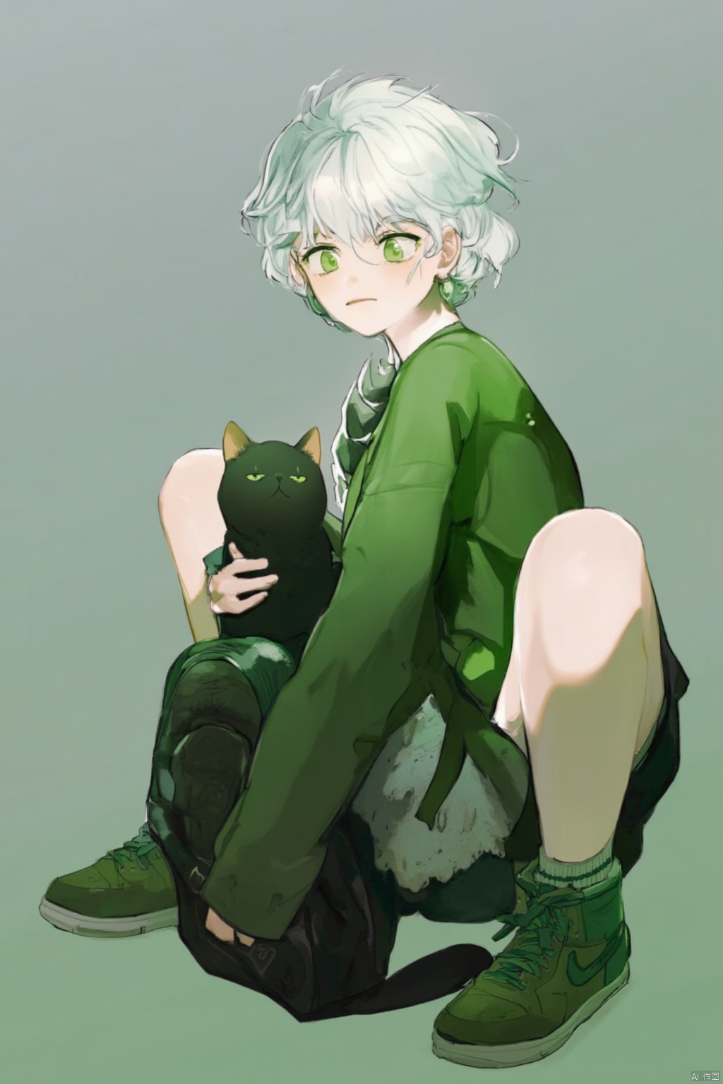 1girl, cat, green eyes, black cat, shoes, white hair, backpack, socks, looking at viewer, jacket, solo, sitting, sneakers, bag, bangs, green jacket, medium hair, animal, green theme, crossed legs, green socks, shirt