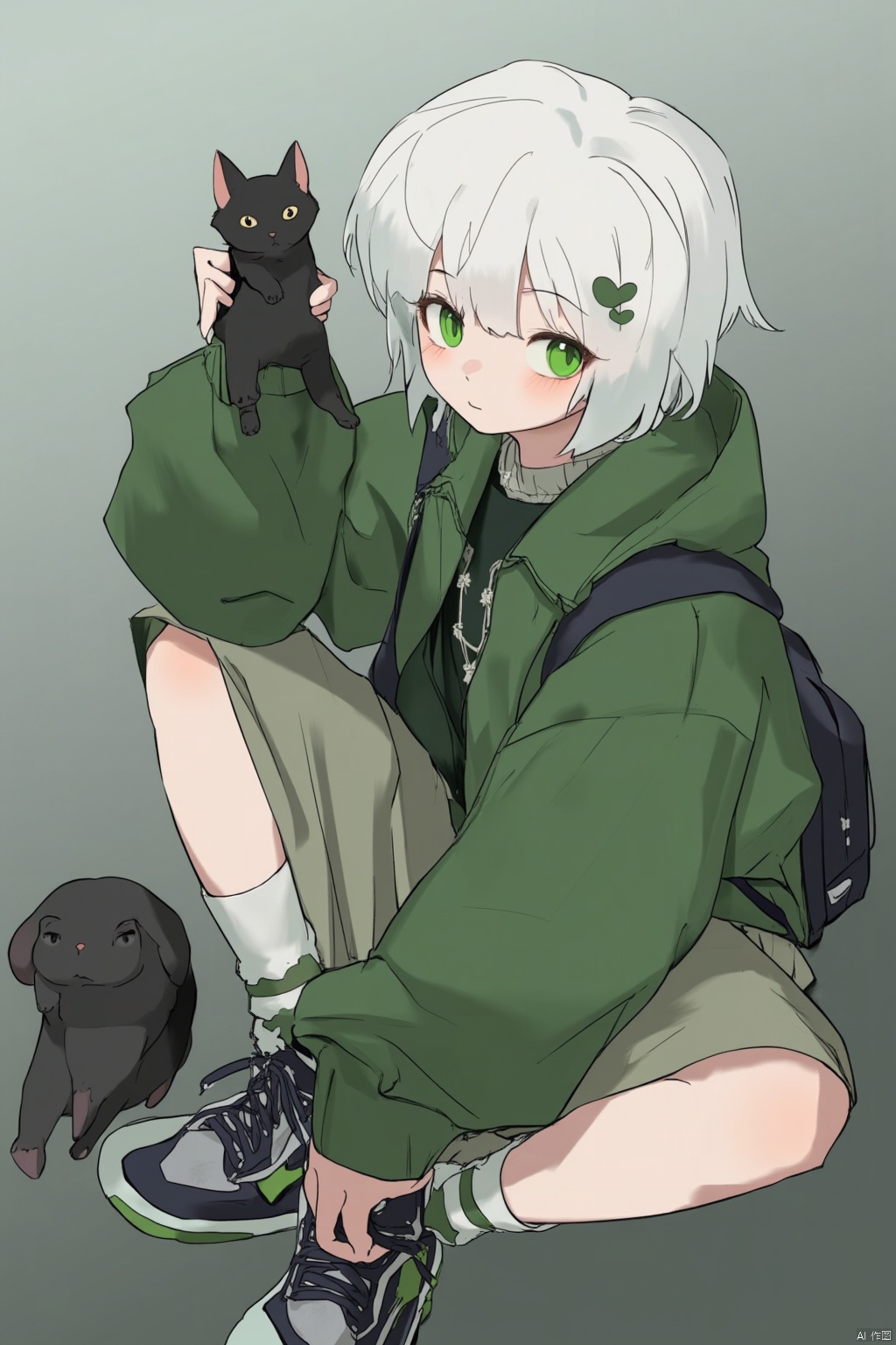 1girl, cat, green eyes, black cat, shoes, white hair, backpack, socks, looking at viewer, jacket, solo, sitting, sneakers, bag, bangs, green jacket, medium hair, animal, green theme, crossed legs, green socks, shirt