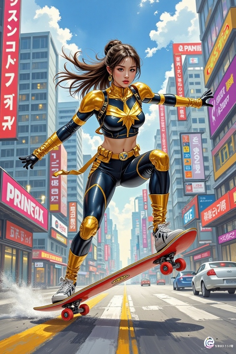 In a futuristic cityscape,  a skateboarder girl,  adorned with gold ornaments and wearing a Marvel-inspired costume on Ten...